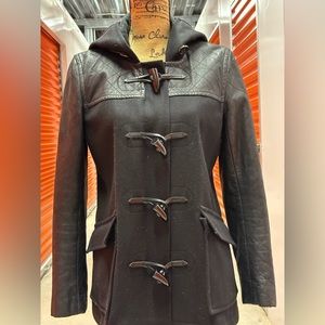 Theory Marimba Coat Raw Edge Wool Hooded Wool Cashmere Leather Black Medium